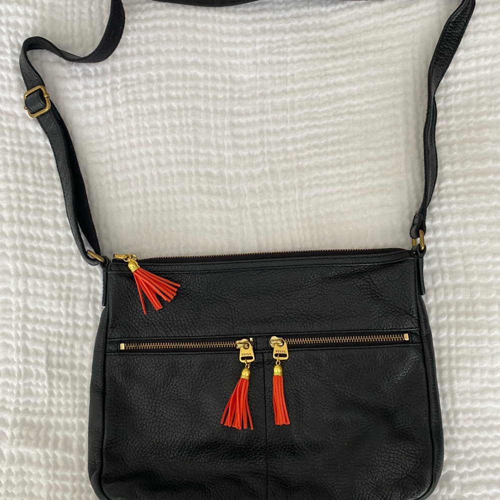 Fossil Black and Orange Crossbody Bag with Gold Accents